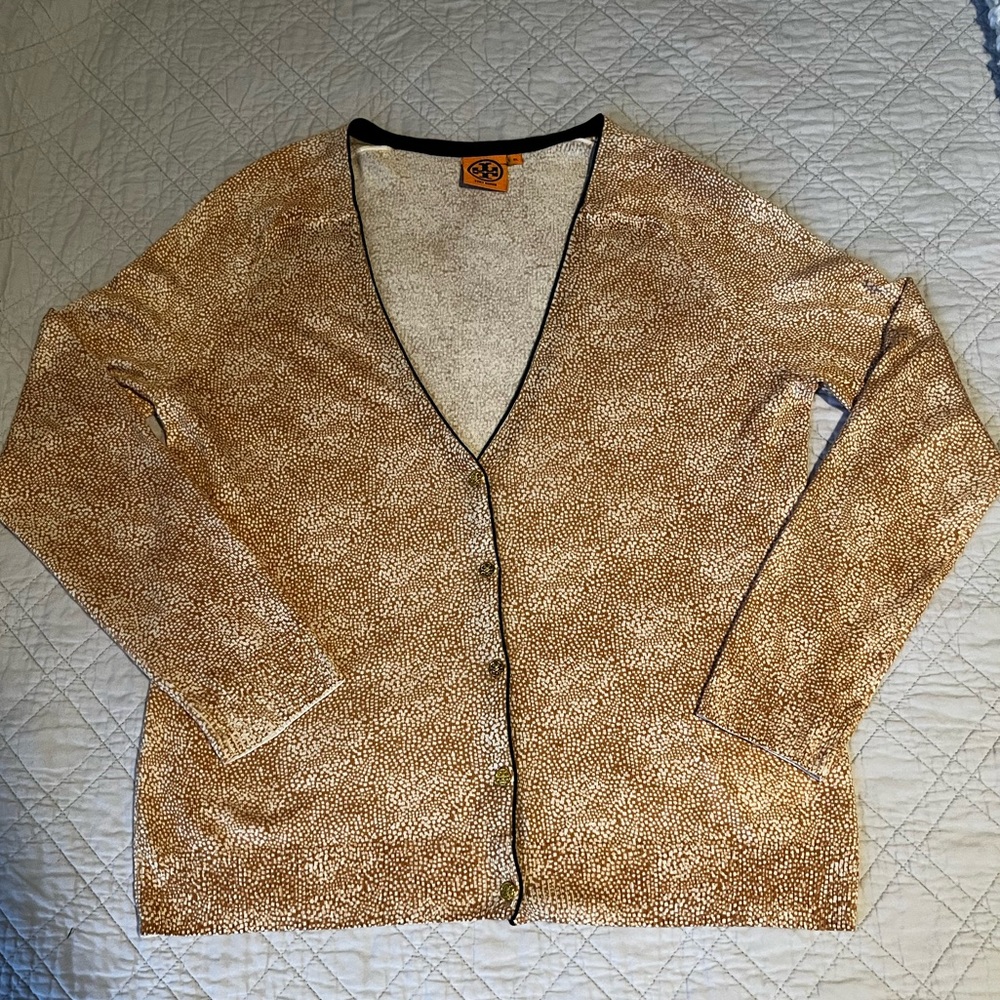 Tory Burch Tan and White Speckled V-Neck Cardigan